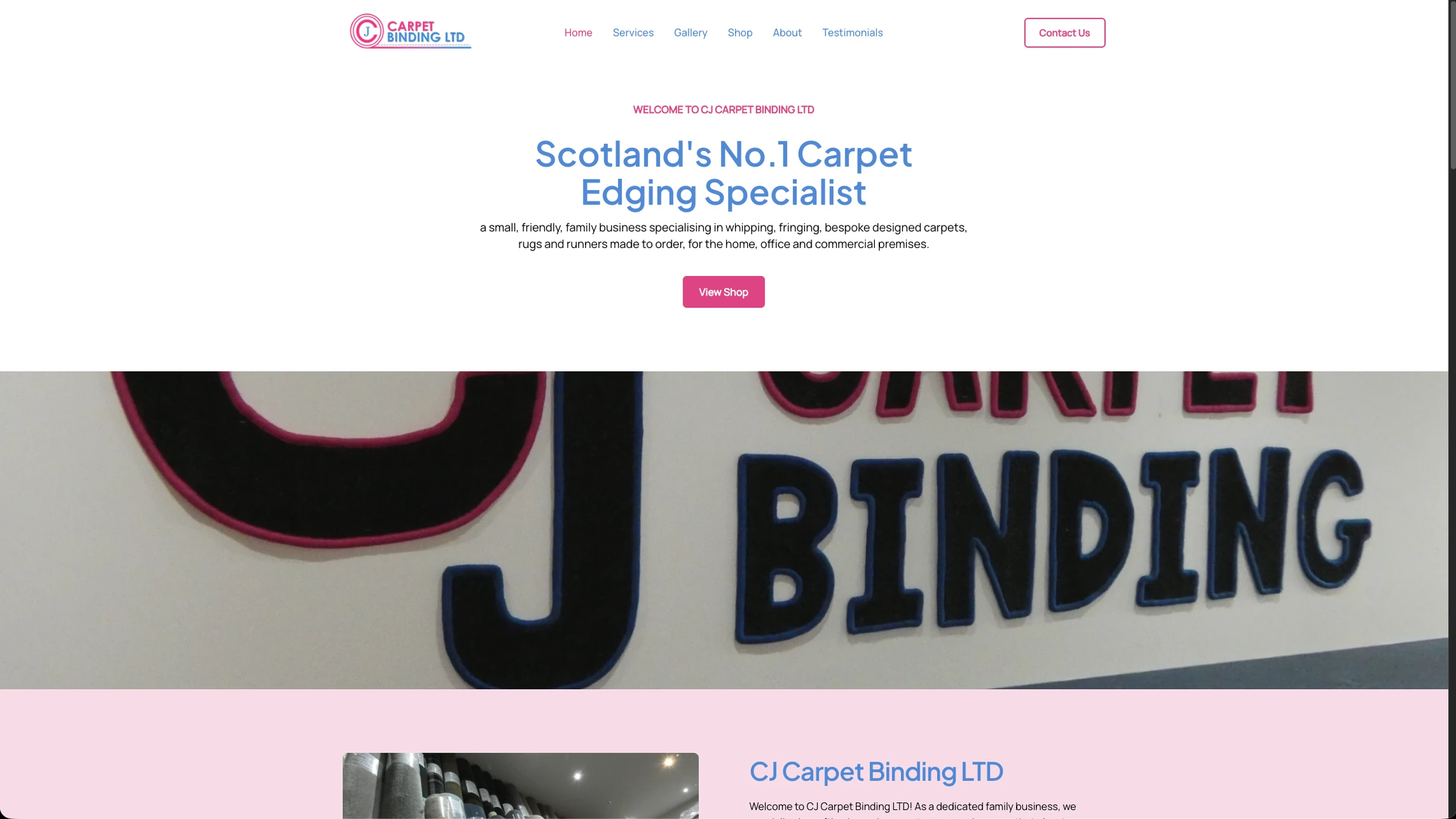 Homepage of CJ Carpet Binding Ltd, a light layout with the headline Scotland's No.1 Carpet Edging Specialist
