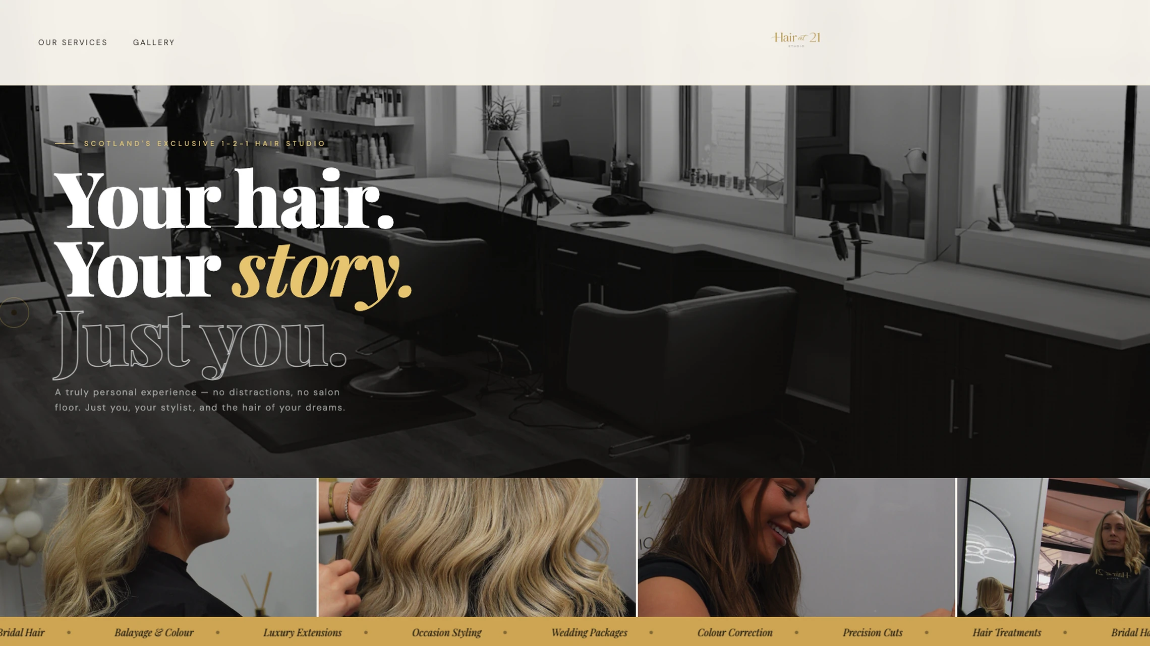 Homepage of Hair at 21 studio, the salon interior with the headline Your hair. Your story. Just you.
