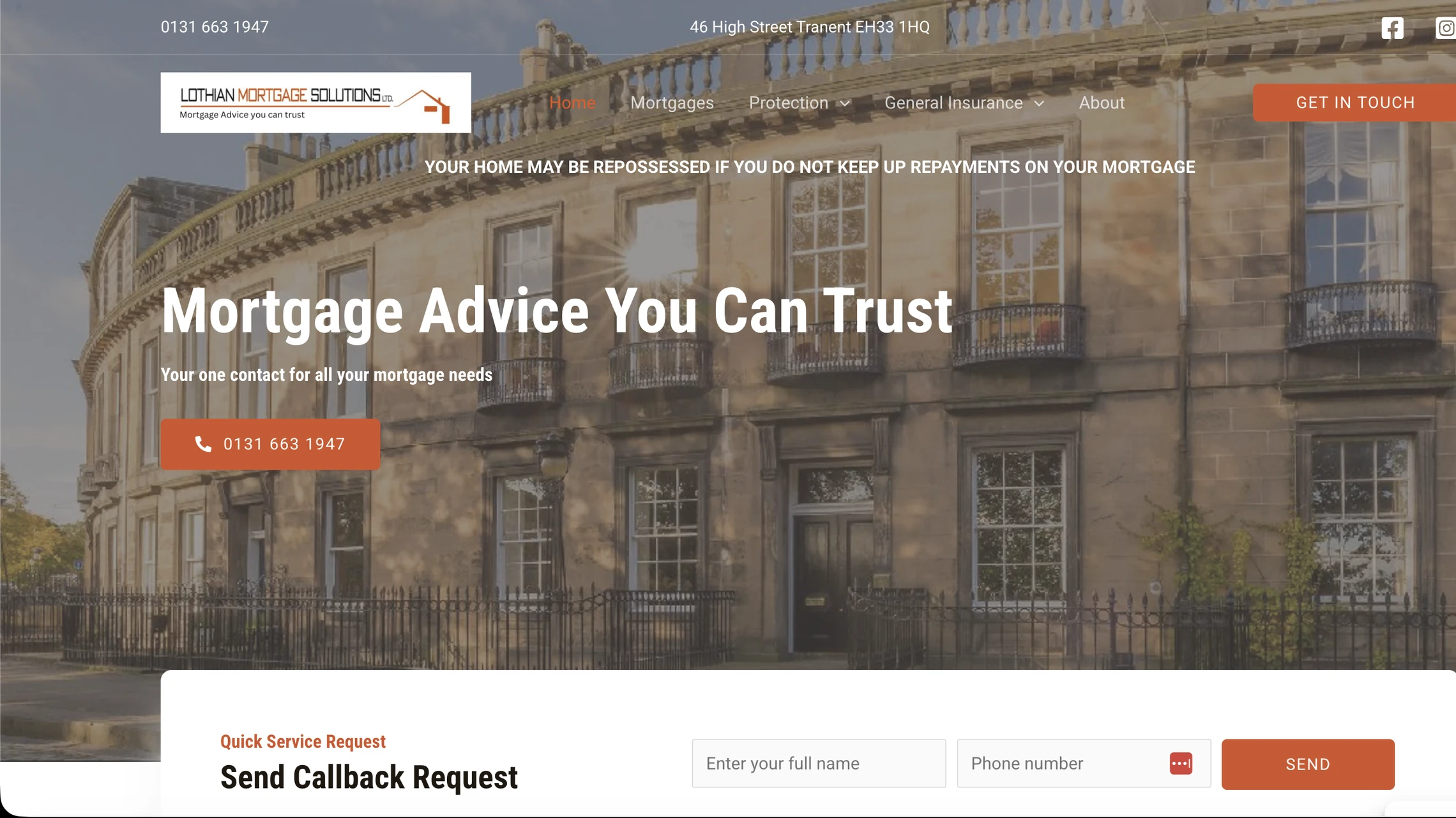 Homepage of Lothian Mortgage Solutions, a Georgian terrace with the headline Mortgage Advice You Can Trust