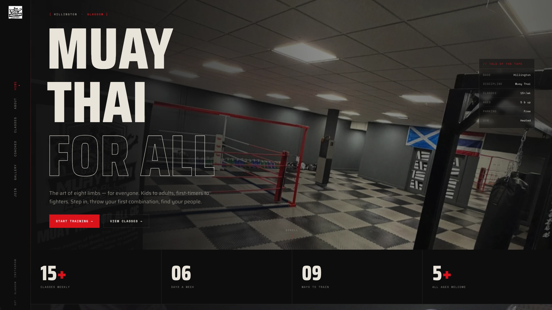 Homepage of Muay Thai For All CIC, the Hillington gym and ring with the headline Muay Thai For All