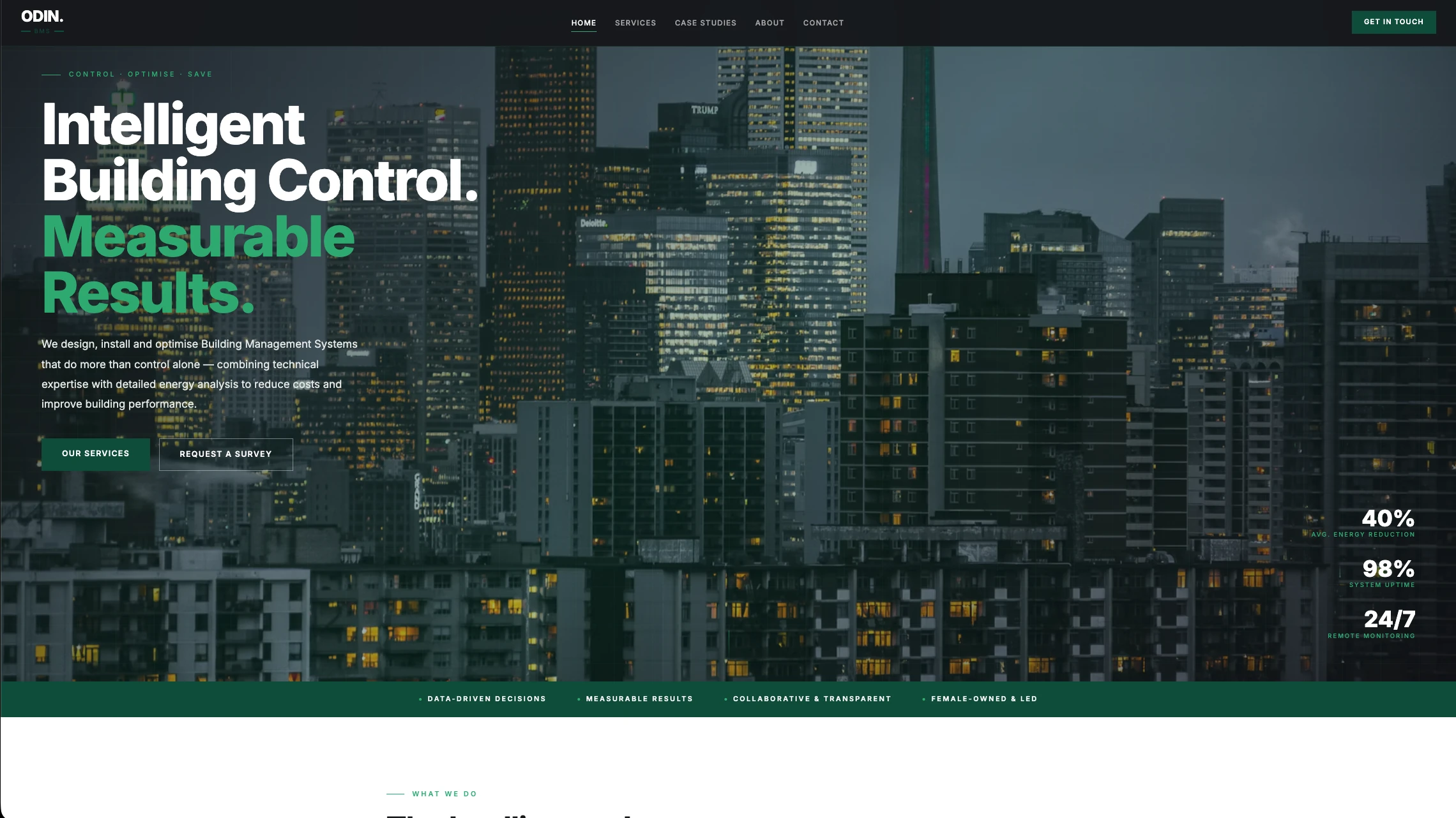Homepage of Odin BMS, a night city skyline with the headline Intelligent Building Control, Measurable Results