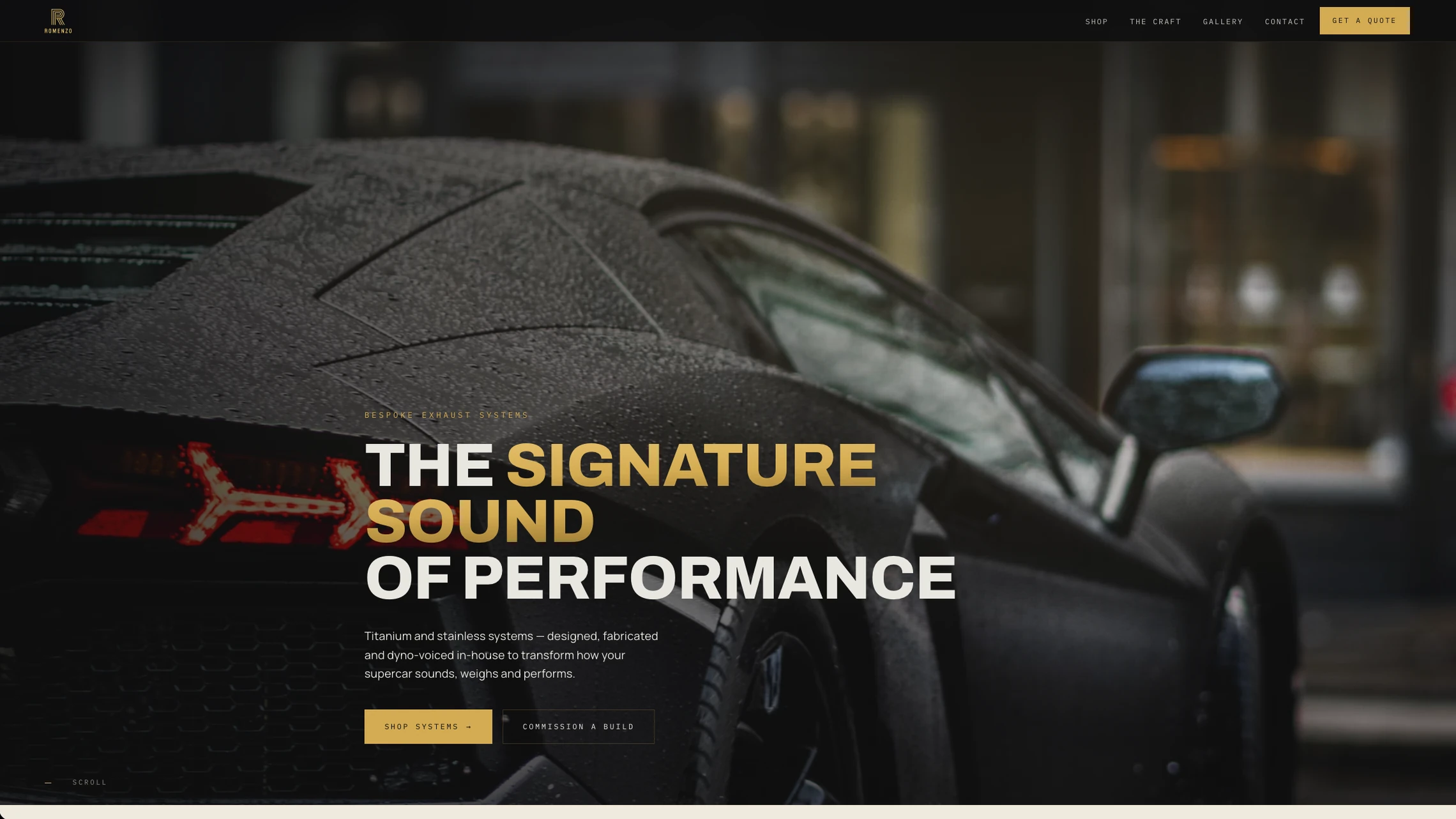 Homepage of Romenzo Exhausts, a dark supercar hero with the headline The Signature Sound of Performance