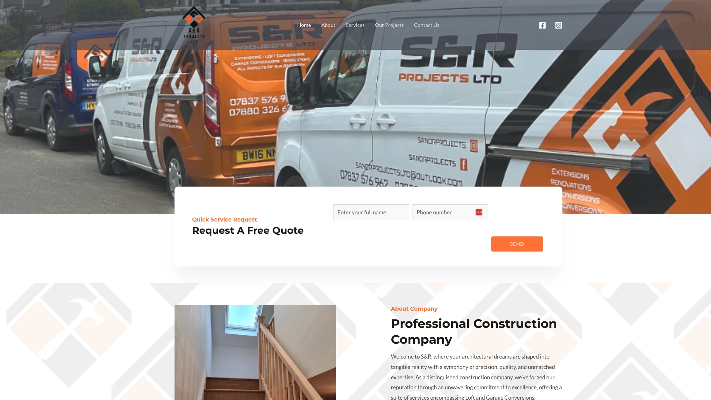 Homepage of S and R Projects Ltd, showing the branded van fleet with a Request A Free Quote form